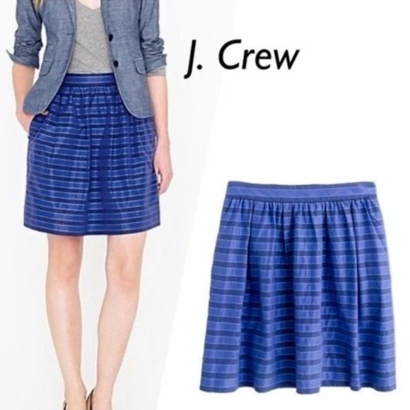 J. Crew NWOT Blue & Navy Pockets Striped Satin Taffeta Cotton Knee Length Skirt - Picture 5 of 12